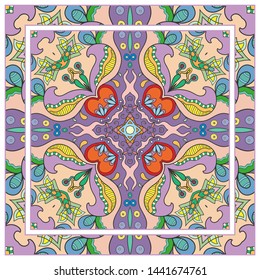  Hand drawn artistic background. Seamless pattern with ornate frame border, doodle floral ornament. Bandana shawl, tablecloth fabric print, silk neck scarf, kerchief design. Vector illustration
