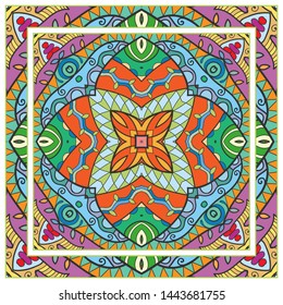  Hand drawn artistic background. Seamless pattern with ornate frame border, doodle floral ornament. Bandana shawl, tablecloth fabric print, silk neck scarf, kerchief design. Vector illustration