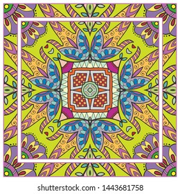  Hand drawn artistic background. Seamless pattern with ornate frame border, doodle floral ornament. Bandana shawl, tablecloth fabric print, silk neck scarf, kerchief design. Vector illustration
