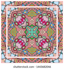  Hand drawn artistic background. Seamless pattern with ornate frame border, doodle floral ornament. Bandana shawl, tablecloth fabric print, silk neck scarf, kerchief design. Vector illustration