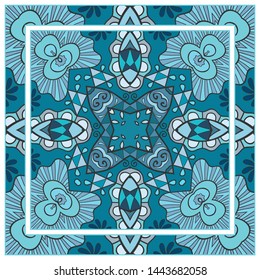  Hand drawn artistic background. Seamless pattern with ornate frame border, doodle floral ornament. Bandana shawl, tablecloth fabric print, silk neck scarf, kerchief design. Vector illustration