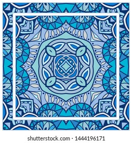  Hand drawn artistic background. Seamless pattern with ornate frame border, doodle floral ornament. Bandana shawl, tablecloth fabric print, silk neck scarf, kerchief design. Vector illustration