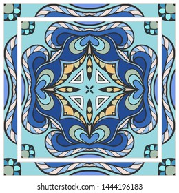  Hand drawn artistic background. Seamless pattern with ornate frame border, doodle floral ornament. Bandana shawl, tablecloth fabric print, silk neck scarf, kerchief design. Vector illustration