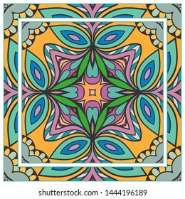  Hand drawn artistic background. Seamless pattern with ornate frame border, doodle floral ornament. Bandana shawl, tablecloth fabric print, silk neck scarf, kerchief design. Vector illustration