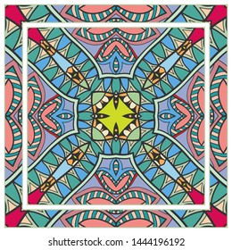  Hand drawn artistic background. Seamless pattern with ornate frame border, doodle floral ornament. Bandana shawl, tablecloth fabric print, silk neck scarf, kerchief design. Vector illustration