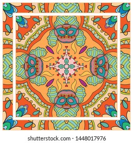  Hand drawn artistic background. Seamless pattern with ornate frame border, doodle floral ornament. Bandana shawl, tablecloth fabric print, silk neck scarf, kerchief design. Vector illustration