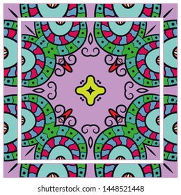  Hand drawn artistic background. Seamless pattern with ornate frame border, doodle floral ornament. Bandana shawl, tablecloth fabric print, silk neck scarf, kerchief design. Vector illustration