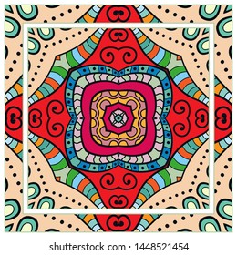  Hand drawn artistic background. Seamless pattern with ornate frame border, doodle floral ornament. Bandana shawl, tablecloth fabric print, silk neck scarf, kerchief design. Vector illustration