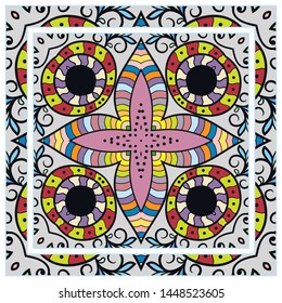  Hand drawn artistic background. Seamless pattern with ornate frame border, doodle floral ornament. Bandana shawl, tablecloth fabric print, silk neck scarf, kerchief design. Vector illustration