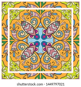  Hand drawn artistic background. Seamless pattern with ornate frame border, doodle floral ornament. Bandana shawl, tablecloth fabric print, silk neck scarf, kerchief design. Vector illustration