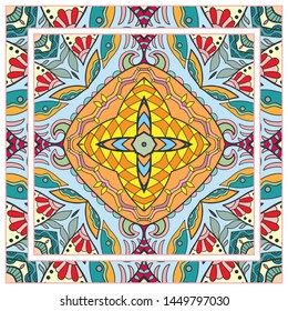  Hand drawn artistic background. Seamless pattern with ornate frame border, doodle floral ornament. Bandana shawl, tablecloth fabric print, silk neck scarf, kerchief design. Vector illustration