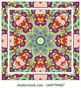  Hand drawn artistic background. Seamless pattern with ornate frame border, doodle floral ornament. Bandana shawl, tablecloth fabric print, silk neck scarf, kerchief design. Vector illustration