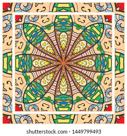  Hand drawn artistic background. Seamless pattern with ornate frame border, doodle floral ornament. Bandana shawl, tablecloth fabric print, silk neck scarf, kerchief design. Vector illustration