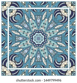  Hand drawn artistic background. Seamless pattern with ornate frame border, doodle floral ornament. Bandana shawl, tablecloth fabric print, silk neck scarf, kerchief design. Vector illustration