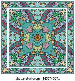  Hand drawn artistic background. Seamless pattern with ornate frame border, doodle floral ornament. Bandana shawl, tablecloth fabric print, silk neck scarf, kerchief design. Vector illustration