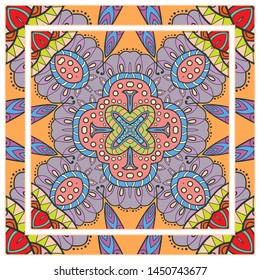  Hand drawn artistic background. Seamless pattern with ornate frame border, doodle floral ornament. Bandana shawl, tablecloth fabric print, silk neck scarf, kerchief design. Vector illustration