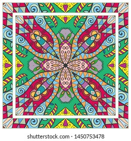  Hand drawn artistic background. Seamless pattern with ornate frame border, doodle floral ornament. Bandana shawl, tablecloth fabric print, silk neck scarf, kerchief design. Vector illustration