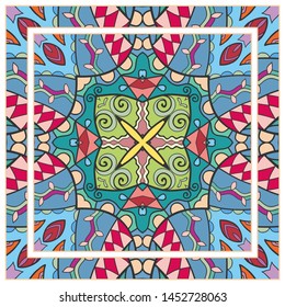 Hand drawn artistic background. Seamless pattern with ornate frame border, doodle floral ornament. Bandana shawl, tablecloth fabric print, silk neck scarf, kerchief design. Vector illustration
