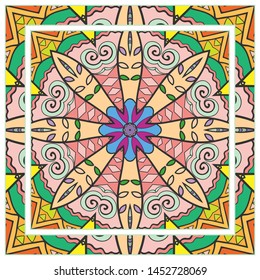  Hand drawn artistic background. Seamless pattern with ornate frame border, doodle floral ornament. Bandana shawl, tablecloth fabric print, silk neck scarf, kerchief design. Vector illustration
