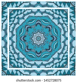  Hand drawn artistic background. Seamless pattern with ornate frame border, doodle floral ornament. Bandana shawl, tablecloth fabric print, silk neck scarf, kerchief design. Vector illustration