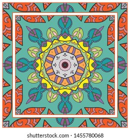  Hand drawn artistic background. Seamless pattern with ornate frame border, doodle floral ornament. Bandana shawl, tablecloth fabric print, silk neck scarf, kerchief design. Vector illustration