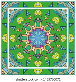  Hand drawn artistic background. Seamless pattern with ornate frame border, doodle floral ornament. Bandana shawl, tablecloth fabric print, silk neck scarf, kerchief design. Vector illustration