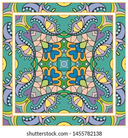  Hand drawn artistic background. Seamless pattern with ornate frame border, doodle floral ornament. Bandana shawl, tablecloth fabric print, silk neck scarf, kerchief design. Vector illustration