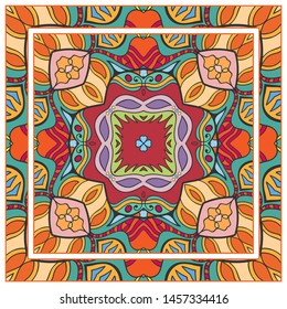  Hand drawn artistic background. Seamless pattern with ornate frame border, doodle floral ornament. Bandana shawl, tablecloth fabric print, silk neck scarf, kerchief design. Vector illustration