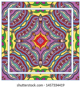  Hand drawn artistic background. Seamless pattern with ornate frame border, doodle floral ornament. Bandana shawl, tablecloth fabric print, silk neck scarf, kerchief design. Vector illustration