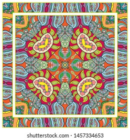  Hand drawn artistic background. Seamless pattern with ornate frame border, doodle floral ornament. Bandana shawl, tablecloth fabric print, silk neck scarf, kerchief design. Vector illustration