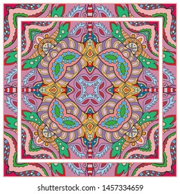  Hand drawn artistic background. Seamless pattern with ornate frame border, doodle floral ornament. Bandana shawl, tablecloth fabric print, silk neck scarf, kerchief design. Vector illustration