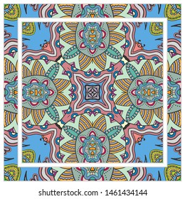  Hand drawn artistic background. Seamless pattern with ornate frame border, doodle floral ornament. Bandana shawl, tablecloth fabric print, silk neck scarf, kerchief design. Vector illustration