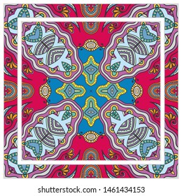  Hand drawn artistic background. Seamless pattern with ornate frame border, doodle floral ornament. Bandana shawl, tablecloth fabric print, silk neck scarf, kerchief design. Vector illustration