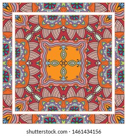  Hand drawn artistic background. Seamless pattern with ornate frame border, doodle floral ornament. Bandana shawl, tablecloth fabric print, silk neck scarf, kerchief design. Vector illustration