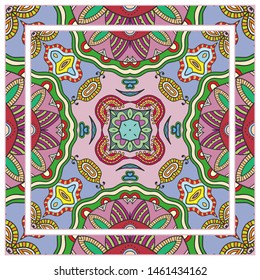  Hand drawn artistic background. Seamless pattern with ornate frame border, doodle floral ornament. Bandana shawl, tablecloth fabric print, silk neck scarf, kerchief design. Vector illustration