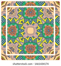  Hand drawn artistic background. Seamless pattern with ornate frame border, doodle floral ornament. Bandana shawl, tablecloth fabric print, silk neck scarf, kerchief design. Vector illustration