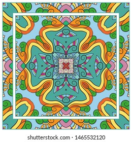  Hand drawn artistic background. Seamless pattern with ornate frame border, doodle floral ornament. Bandana shawl, tablecloth fabric print, silk neck scarf, kerchief design. Vector illustration