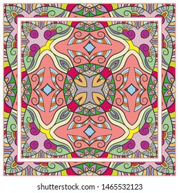  Hand drawn artistic background. Seamless pattern with ornate frame border, doodle floral ornament. Bandana shawl, tablecloth fabric print, silk neck scarf, kerchief design. Vector illustration