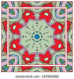  Hand drawn artistic background. Seamless pattern with ornate frame border, doodle floral ornament. Bandana shawl, tablecloth fabric print, silk neck scarf, kerchief design. Vector illustration