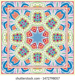  Hand drawn artistic background. Seamless pattern with ornate frame border, doodle floral ornament. Bandana shawl, tablecloth fabric print, silk neck scarf, kerchief design. Vector illustration