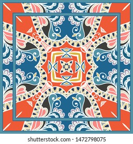  Hand drawn artistic background. Seamless pattern with ornate frame border, doodle floral ornament. Bandana shawl, tablecloth fabric print, silk neck scarf, kerchief design. Vector illustration
