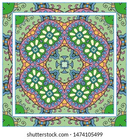  Hand drawn artistic background. Seamless pattern with ornate frame border, doodle floral ornament. Bandana shawl, tablecloth fabric print, silk neck scarf, kerchief design. Vector illustration