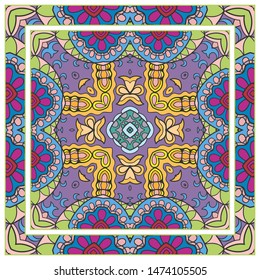  Hand drawn artistic background. Seamless pattern with ornate frame border, doodle floral ornament. Bandana shawl, tablecloth fabric print, silk neck scarf, kerchief design. Vector illustration