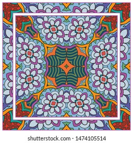  Hand drawn artistic background. Seamless pattern with ornate frame border, doodle floral ornament. Bandana shawl, tablecloth fabric print, silk neck scarf, kerchief design. Vector illustration