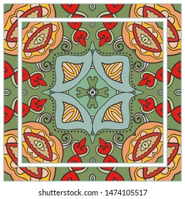  Hand drawn artistic background. Seamless pattern with ornate frame border, doodle floral ornament. Bandana shawl, tablecloth fabric print, silk neck scarf, kerchief design. Vector illustration