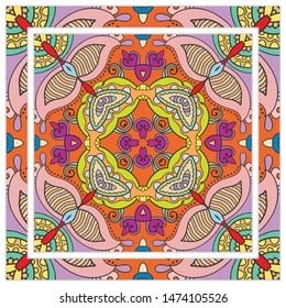  Hand drawn artistic background. Seamless pattern with ornate frame border, doodle floral ornament. Bandana shawl, tablecloth fabric print, silk neck scarf, kerchief design. Vector illustration