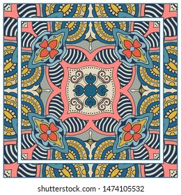  Hand drawn artistic background. Seamless pattern with ornate frame border, doodle floral ornament. Bandana shawl, tablecloth fabric print, silk neck scarf, kerchief design. Vector illustration