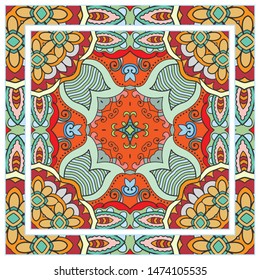  Hand drawn artistic background. Seamless pattern with ornate frame border, doodle floral ornament. Bandana shawl, tablecloth fabric print, silk neck scarf, kerchief design. Vector illustration