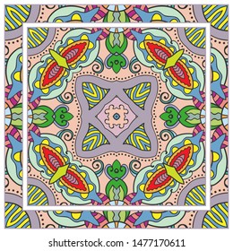  Hand drawn artistic background. Seamless pattern with ornate frame border, doodle floral ornament. Bandana shawl, tablecloth fabric print, silk neck scarf, kerchief design. Vector illustration