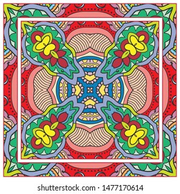  Hand drawn artistic background. Seamless pattern with ornate frame border, doodle floral ornament. Bandana shawl, tablecloth fabric print, silk neck scarf, kerchief design. Vector illustration